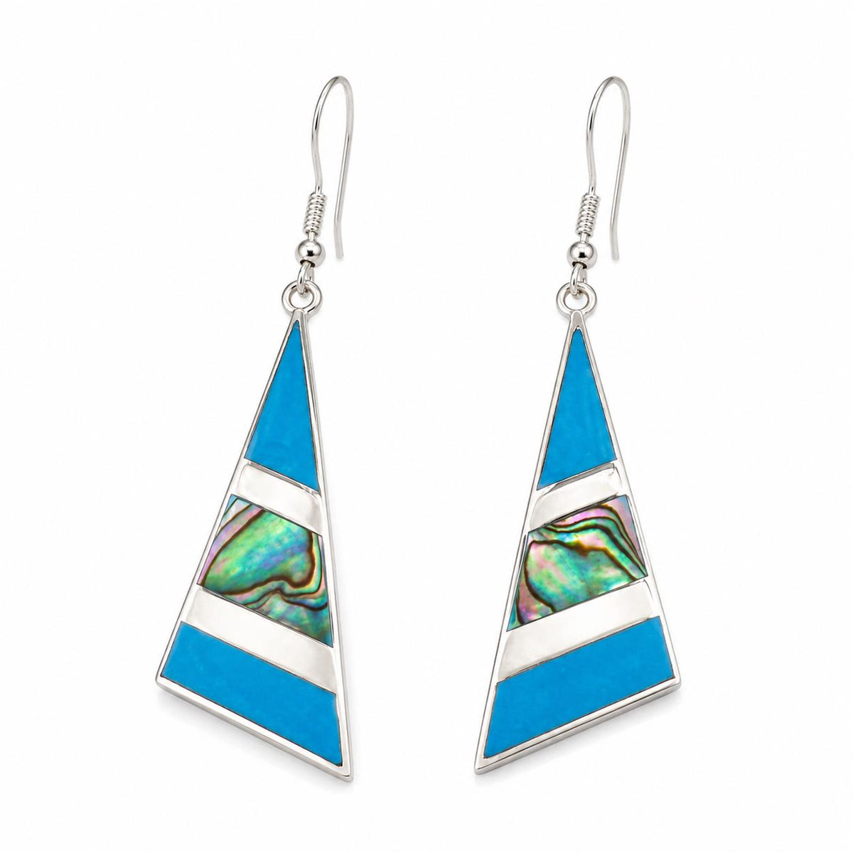 Geometric Abalone Inlay Earrings: Silver Plated Mexican Artisan Jewelry, Triangle Design