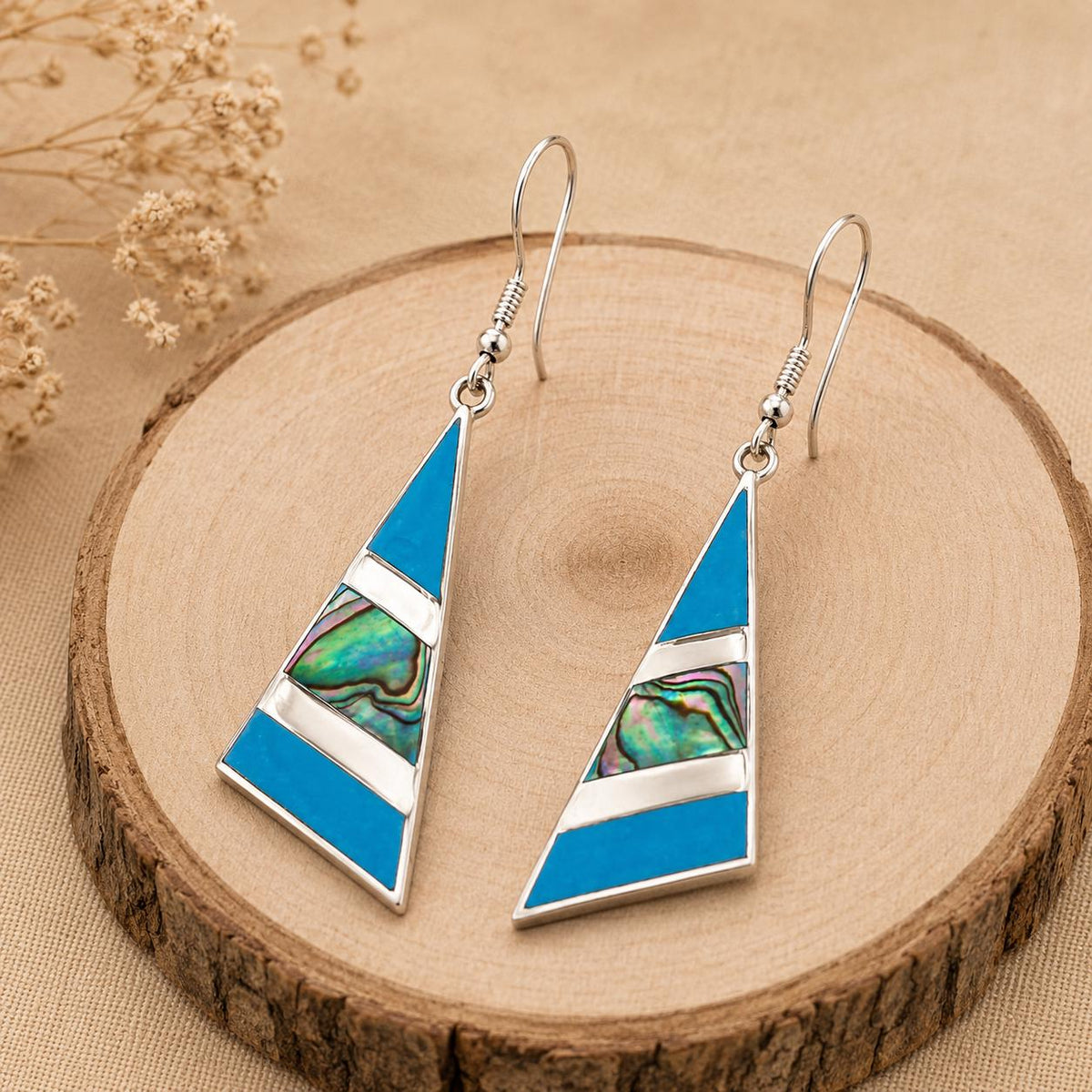 Geometric Abalone Inlay Earrings: Silver Plated Mexican Artisan Jewelry, Triangle Design