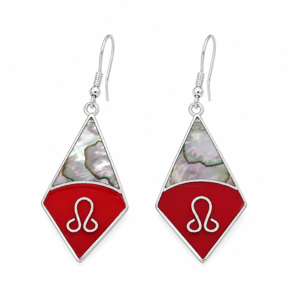 Silver Plated Abalone Shell Earrings – Red Enamel Rhombus Art Deco Design