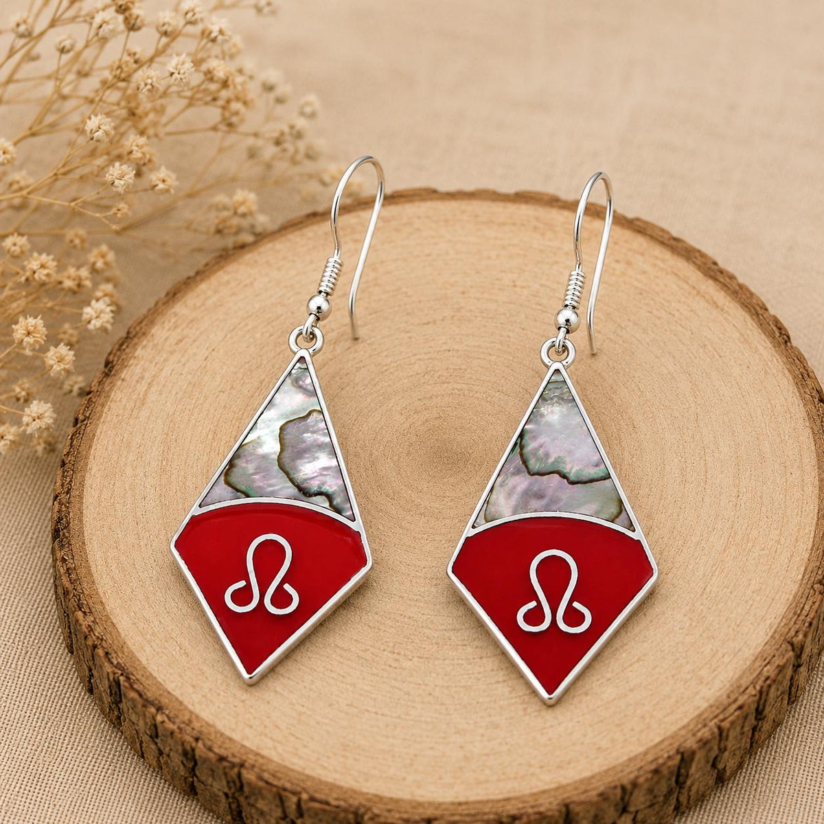 Silver Plated Abalone Shell Earrings – Red Enamel Rhombus Art Deco Design