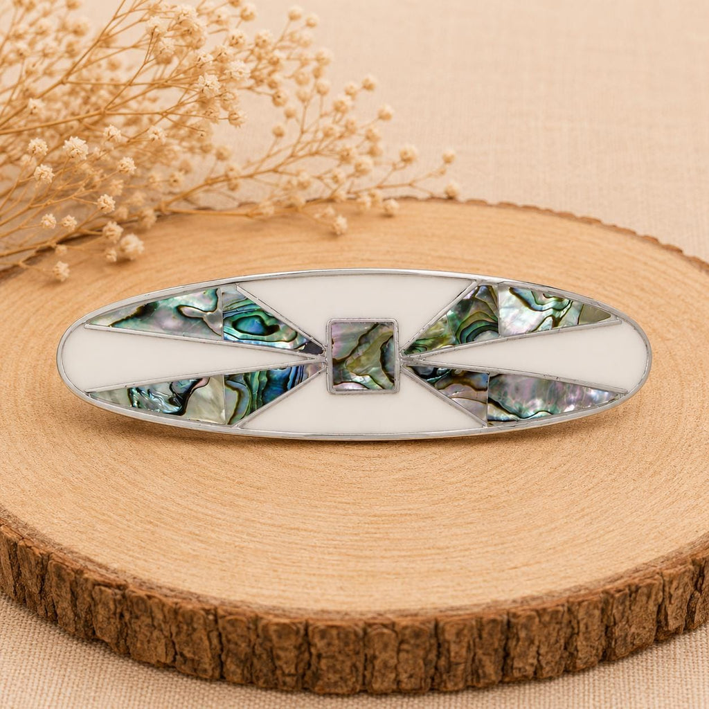 Artisan Silver Hair Clip – Abalone Shell, White Enamel, Taxco Mexican Accessory