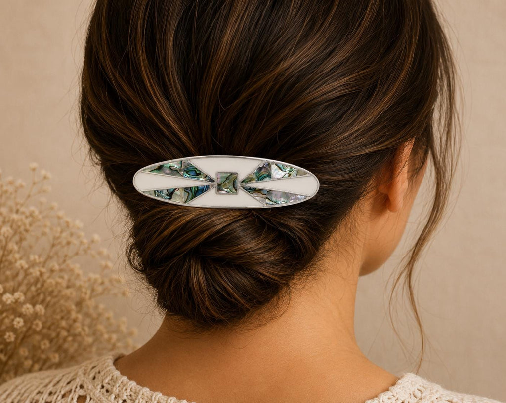 Artisan Silver Hair Clip – Abalone Shell, White Enamel, Taxco Mexican Accessory