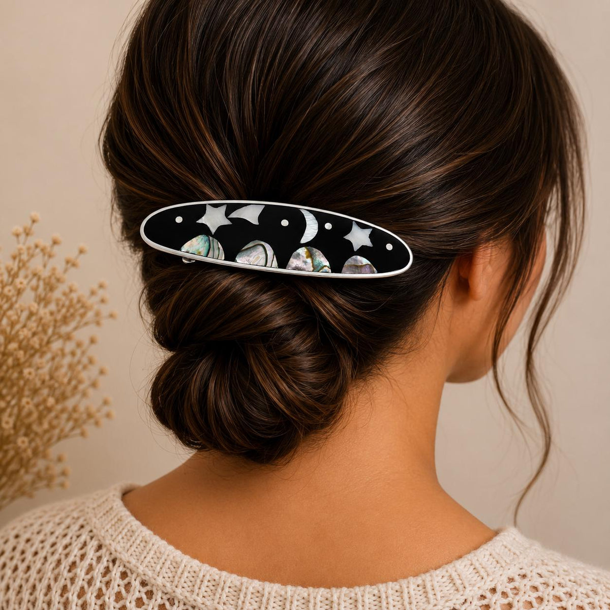 Silver Plated Moon Star Hair Clip – Artisan Mexican Abalone Shell Barrette