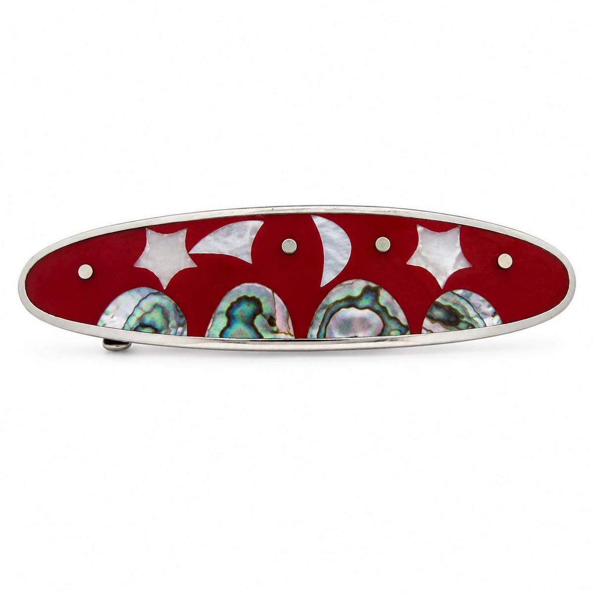 Handmade Silver 950 Hair Barrette: Moon, Star, Kite, Abalone Shell, Red Enamel Resin