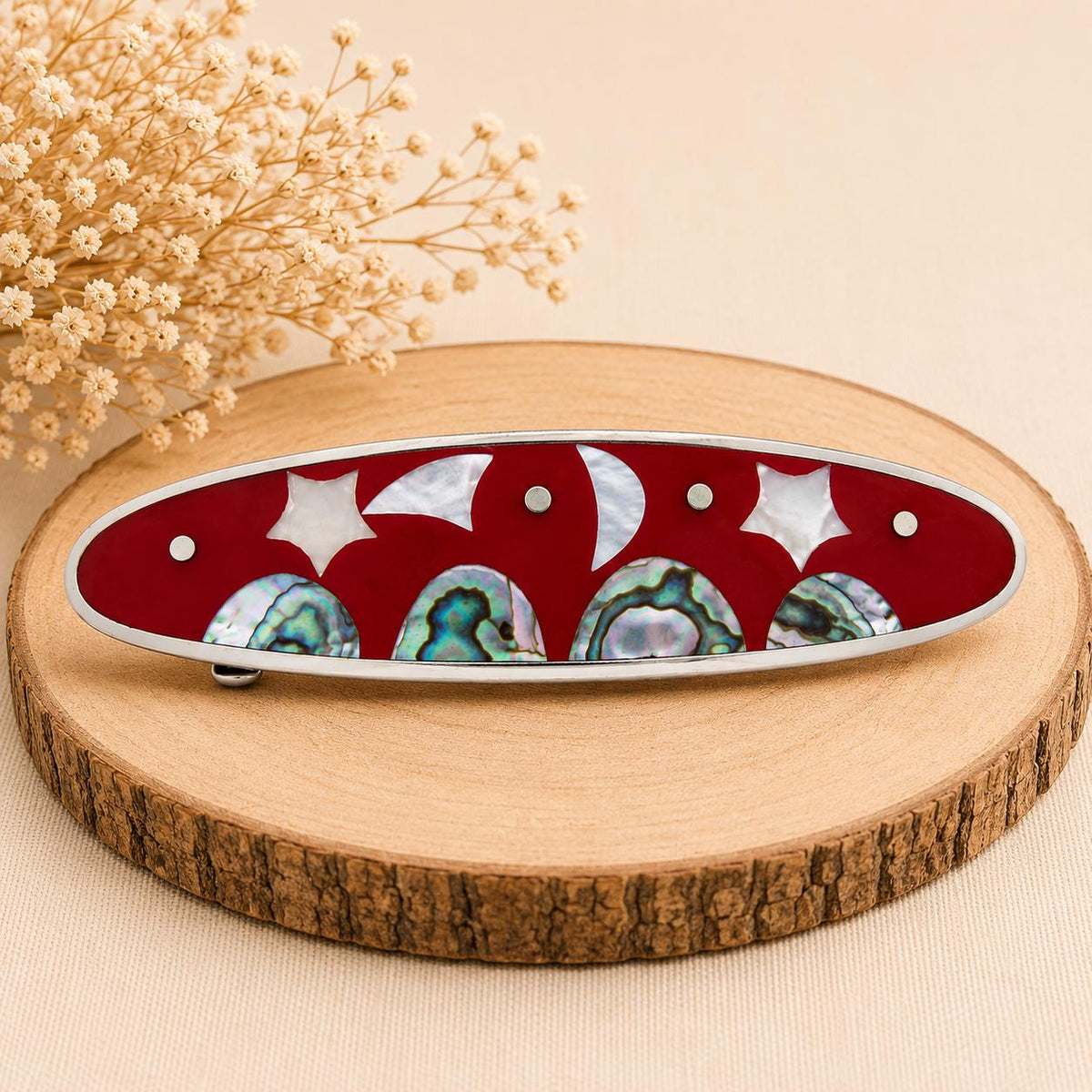 Handmade Silver 950 Hair Barrette: Moon, Star, Kite, Abalone Shell, Red Enamel Resin