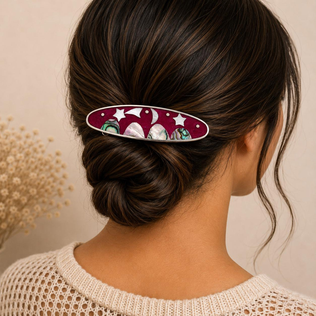 Handcrafted Celestial Hair Barrette – Red Enamel, Mother of Pearl, Silver Plated Mexican Artisan Accessory