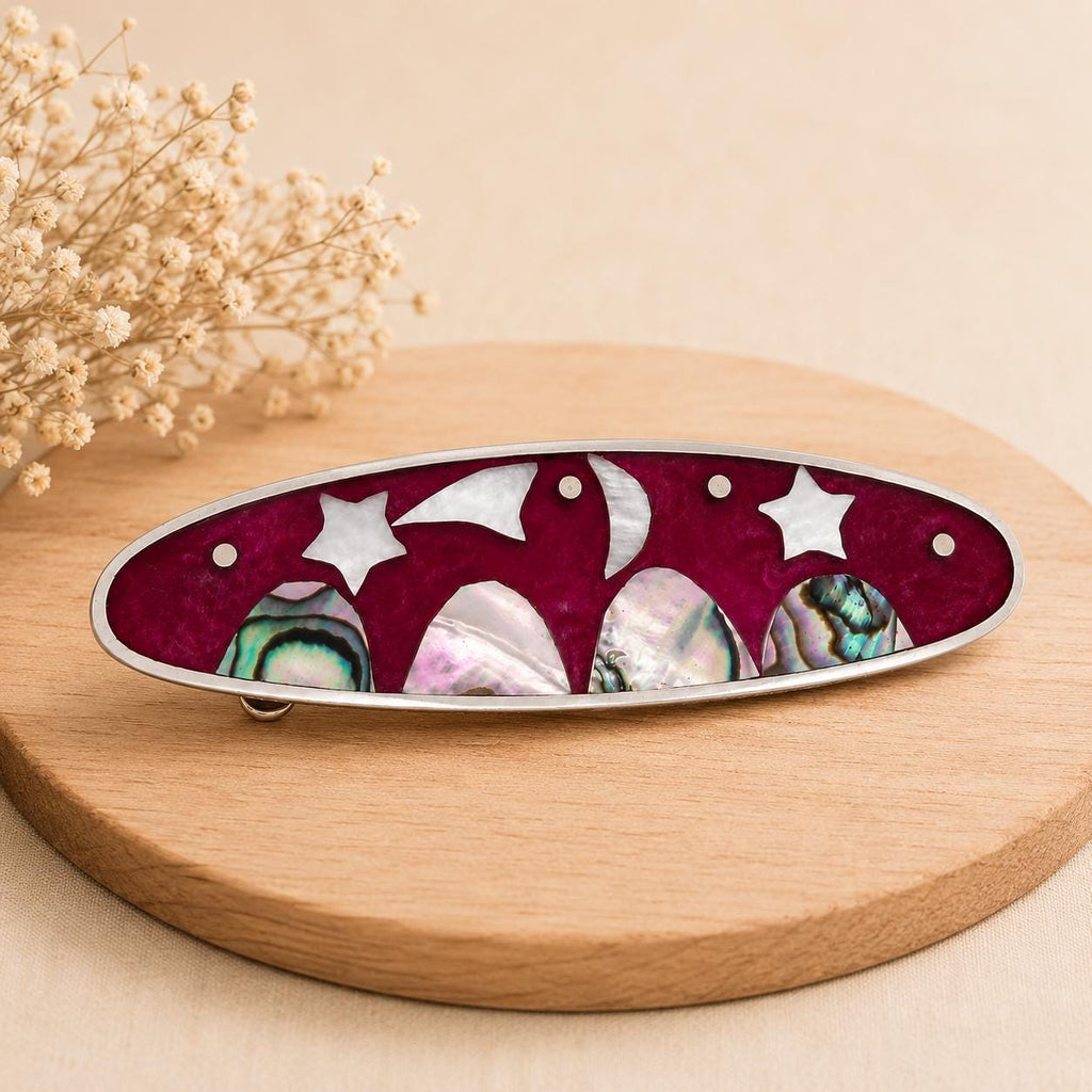 Handcrafted Celestial Hair Barrette – Red Enamel, Mother of Pearl, Silver Plated Mexican Artisan Accessory