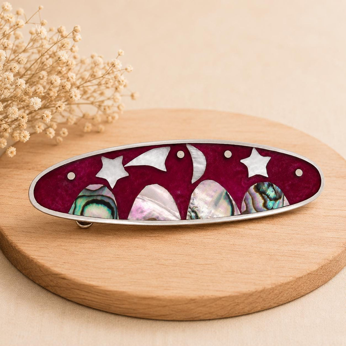 Handcrafted Celestial Hair Barrette – Red Enamel, Mother of Pearl, Silver Plated Mexican Artisan Accessory