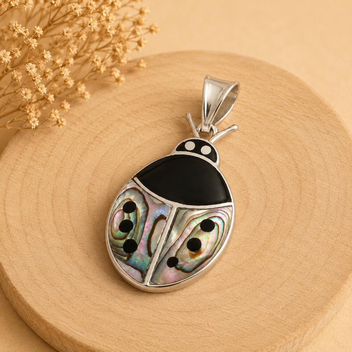 Silver Plated Abalone Ladybug Pendant – Mexican Artisan Boho Chic Jewelry