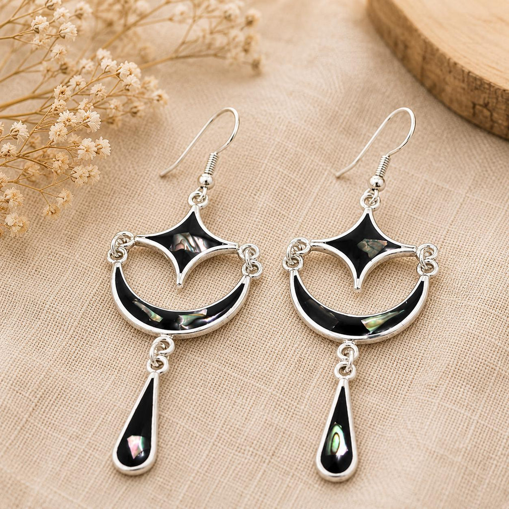 Abalone Moon & Star Earrings, Silver Plated, Mexican Artisan Jewelry