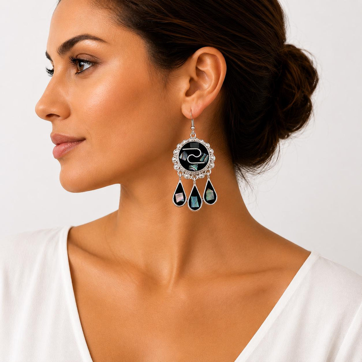 Silver Plated Mexican Tassel Earrings with Mosaic Abalone Inlay