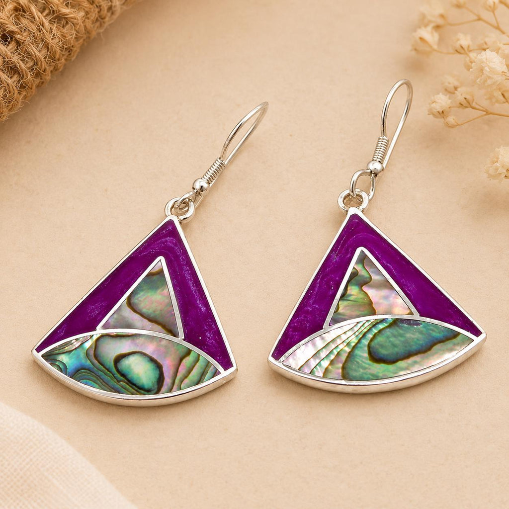 Art Deco Abalone Shell Triangle Earrings with Bougainvillea Enamel Effect – Silver Plated Mexican Jewelry