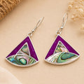 Art Deco Abalone Shell Triangle Earrings with Bougainvillea Enamel Effect – Silver Plated Mexican Jewelry