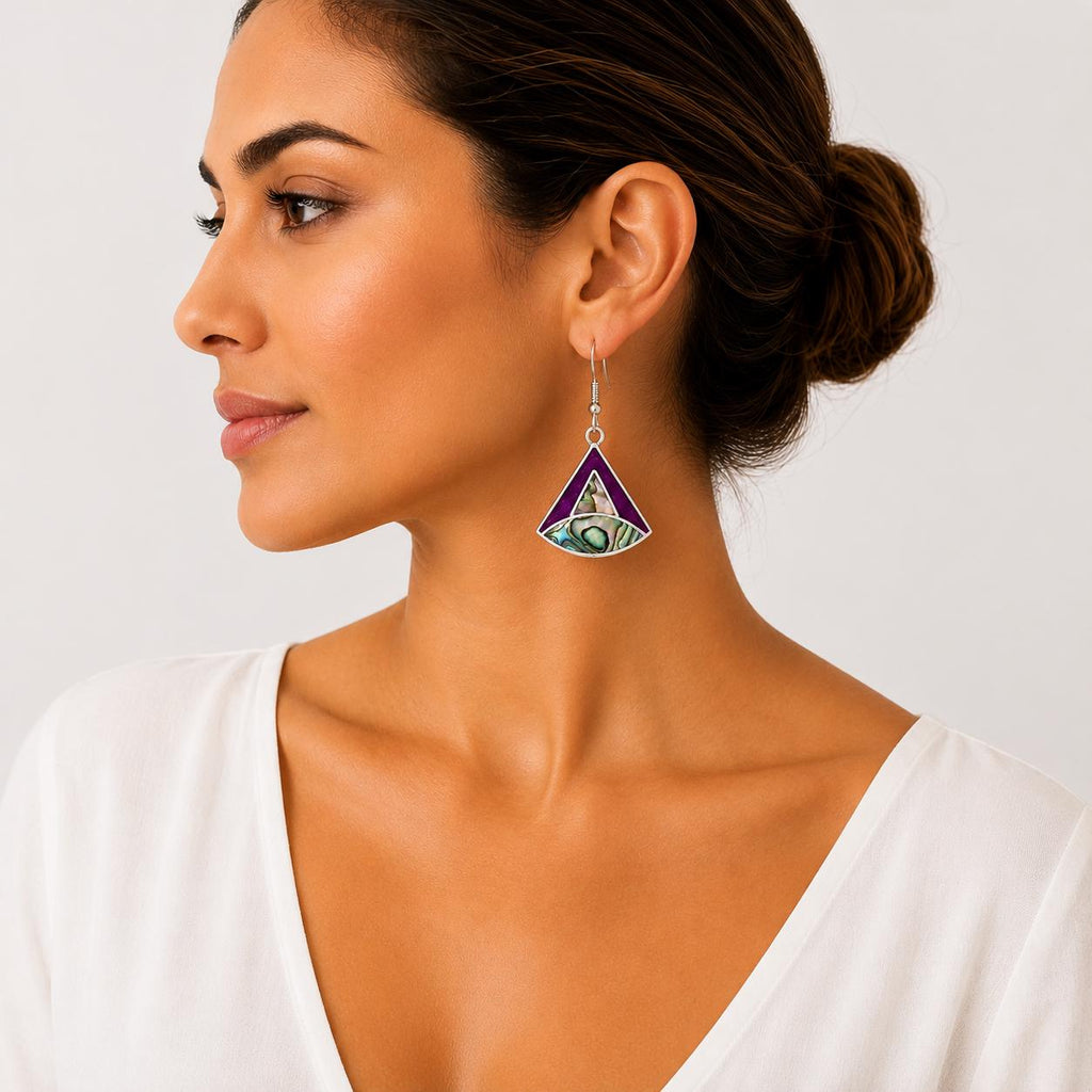 Art Deco Abalone Shell Triangle Earrings with Bougainvillea Enamel Effect – Silver Plated Mexican Jewelry