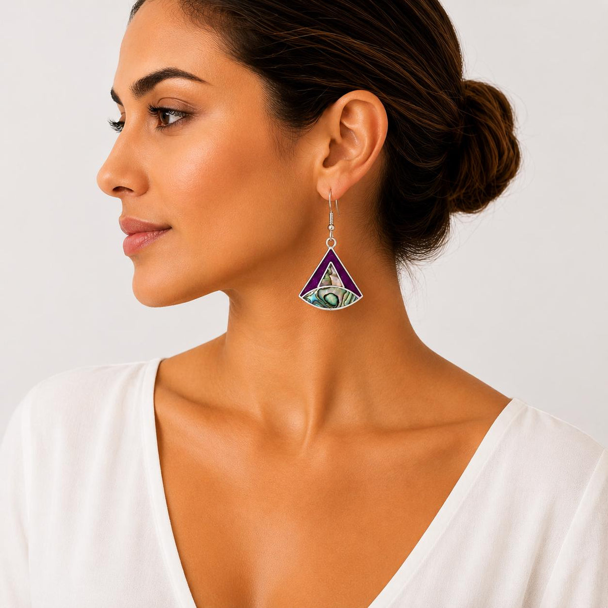 Art Deco Abalone Shell Triangle Earrings with Bougainvillea Enamel Effect – Silver Plated Mexican Jewelry