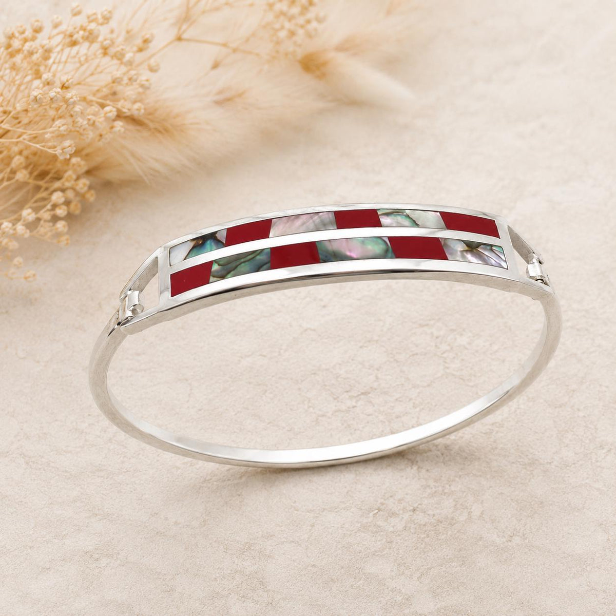 Handmade Taxco Silver Plated Cuff Bracelet – Abalone Shell, Red Resin Inlay Southwestern Jewelry