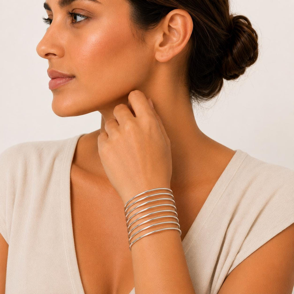 Set of 7 Silver Plated Mexican Boho Bangles: Half Round Weekly Wear Accessory