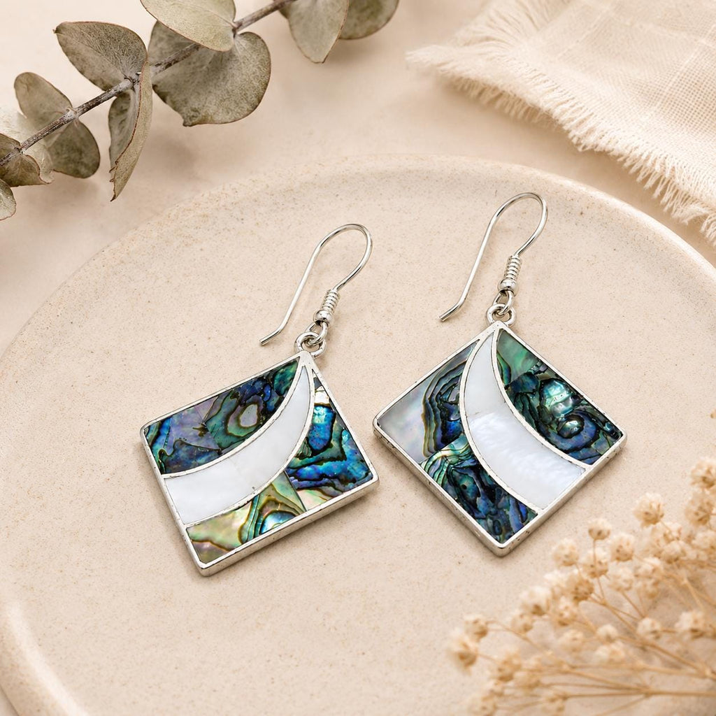 Silver Plated Abalone Mother of Pearl Earrings: Hand Cut Boho Mexican Jewelry