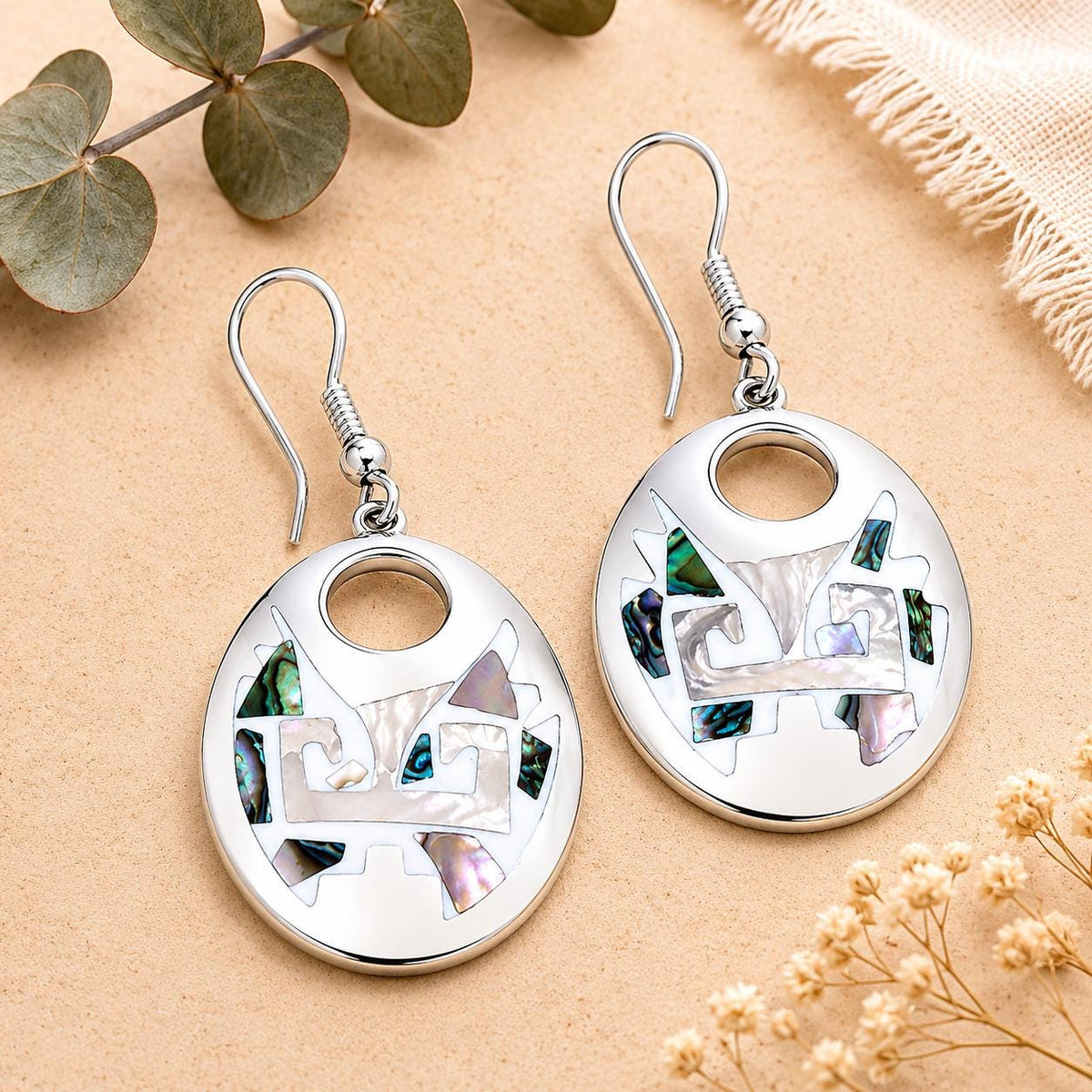 Silver Plated Abalone Inlay Aztec Earrings, Handcrafted Mexican Jewelry, Enamel Resin
