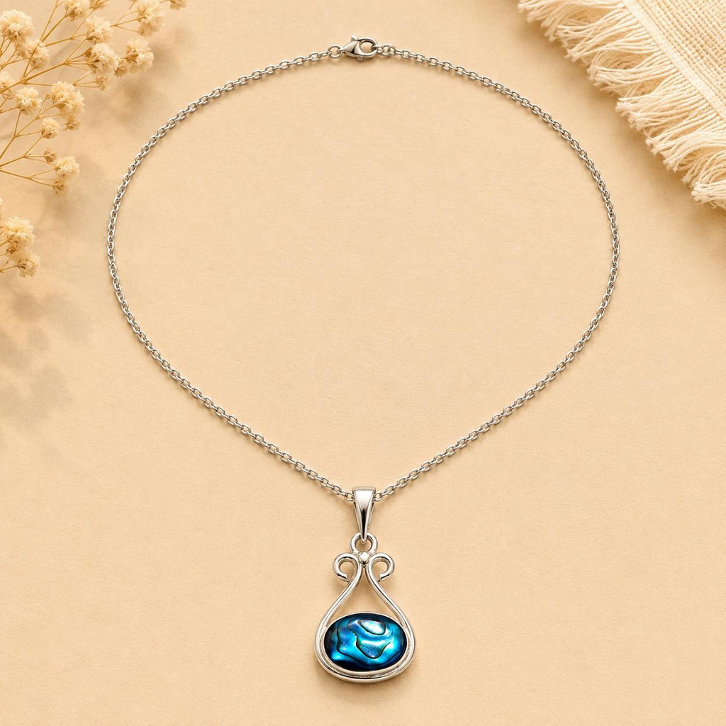 Mexican Artisan Silver Plated Abalone Shell Pendant Necklace with Stainless Steel Chain