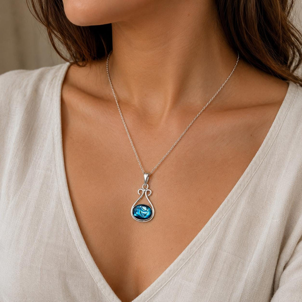 Mexican Artisan Silver Plated Abalone Shell Pendant Necklace with Stainless Steel Chain