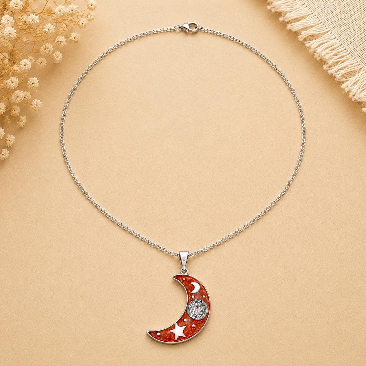 Silver Plated Abalone Crescent Moon Pendant – Mexican Artisan Boho Chic Jewelry