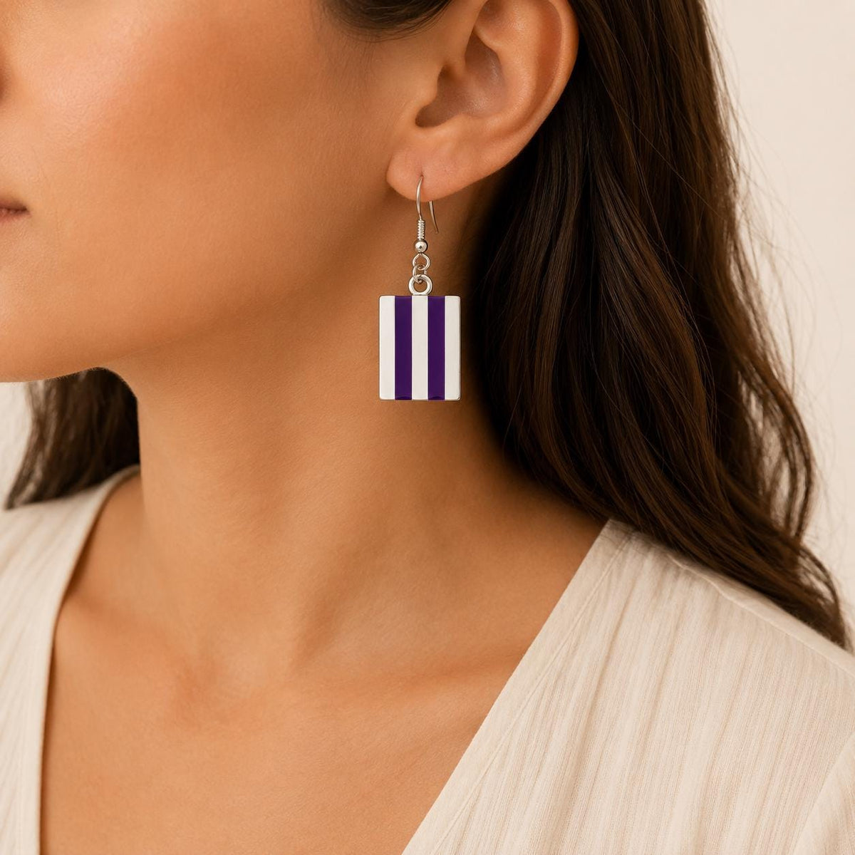 Handcrafted Silver-Plated Purple Resin Geometric Earrings – Mexican Enamel Effect Dangle