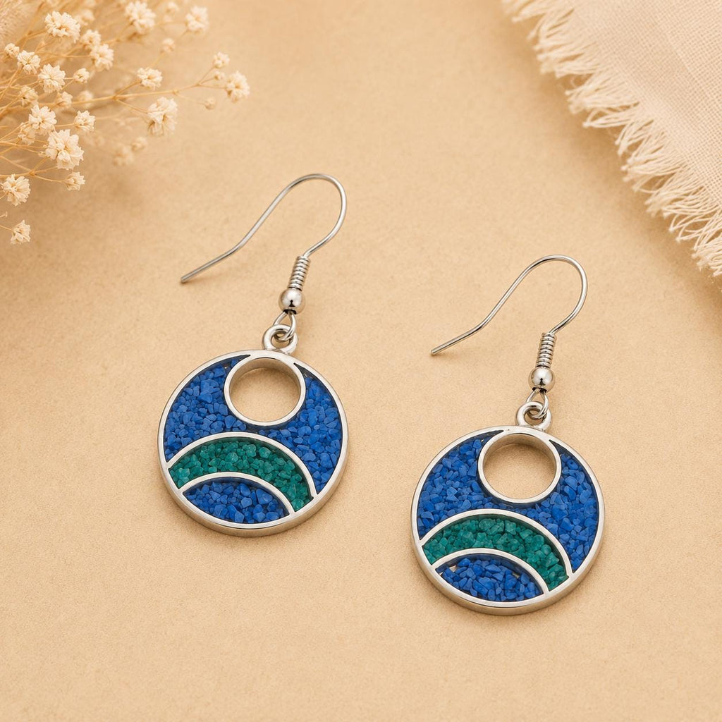 Taxco Silver Hoop Earrings – Turquoise, Malachite Inlay, Boho Chic Style