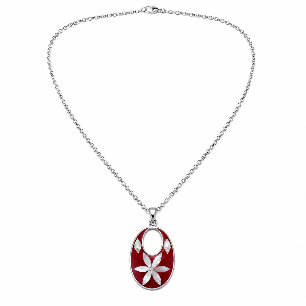 Silver Plated Mother of Pearl Flower Pendant – Red Enamel Resin Artisan Jewelry