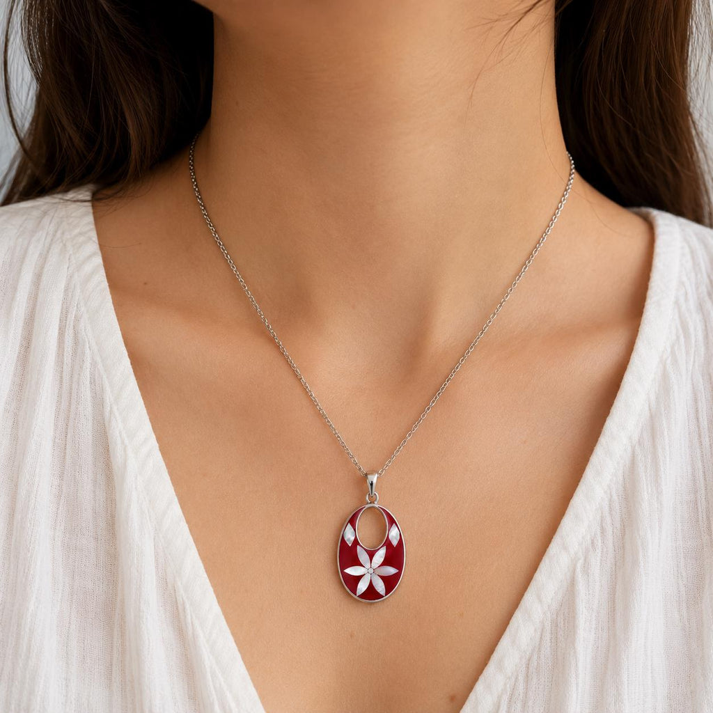 Silver Plated Mother of Pearl Flower Pendant – Red Enamel Resin Artisan Jewelry