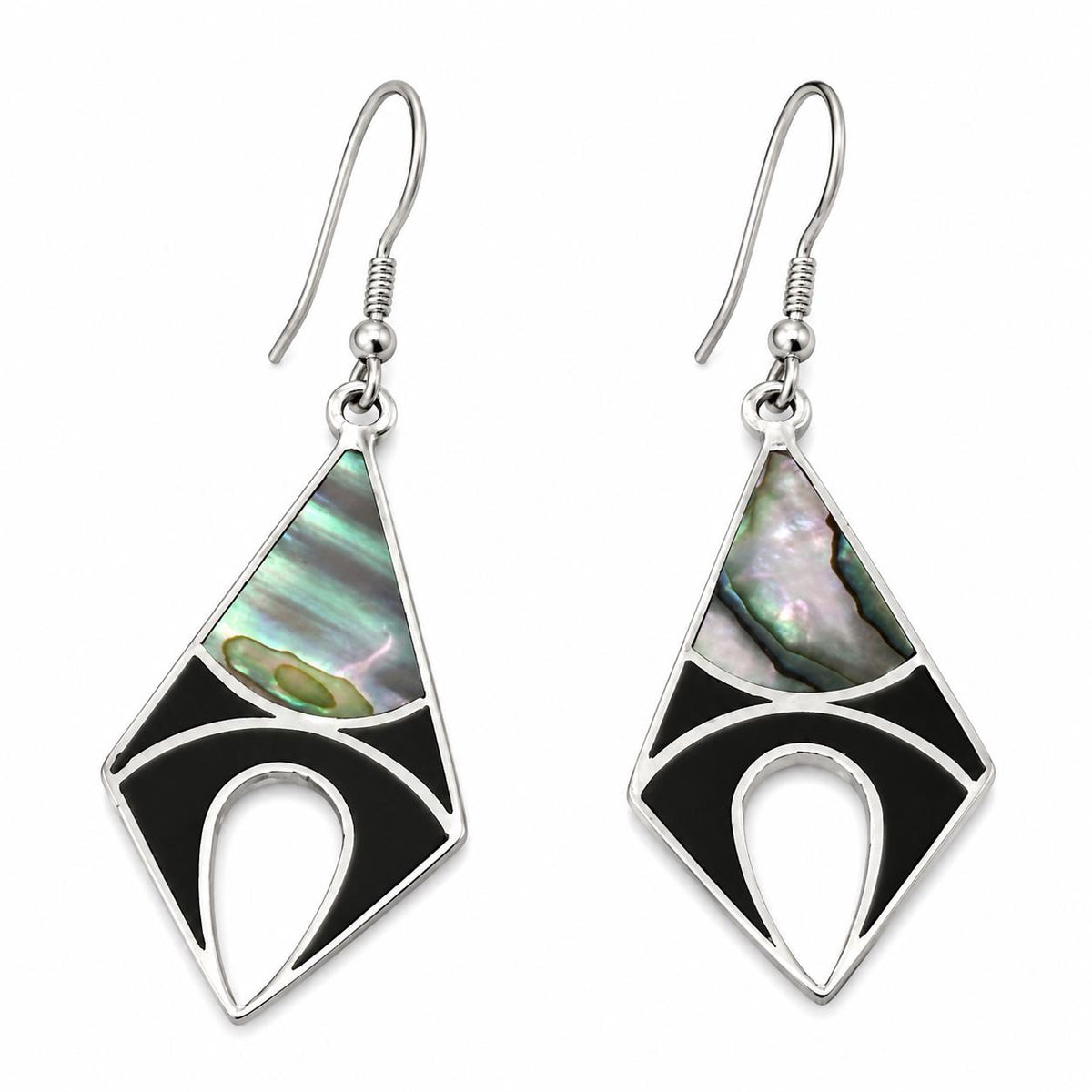 Mexican Artisan Silver Plated Abalone Earrings with Black Enamel Resin - Unique Handcrafted Rhombus Design