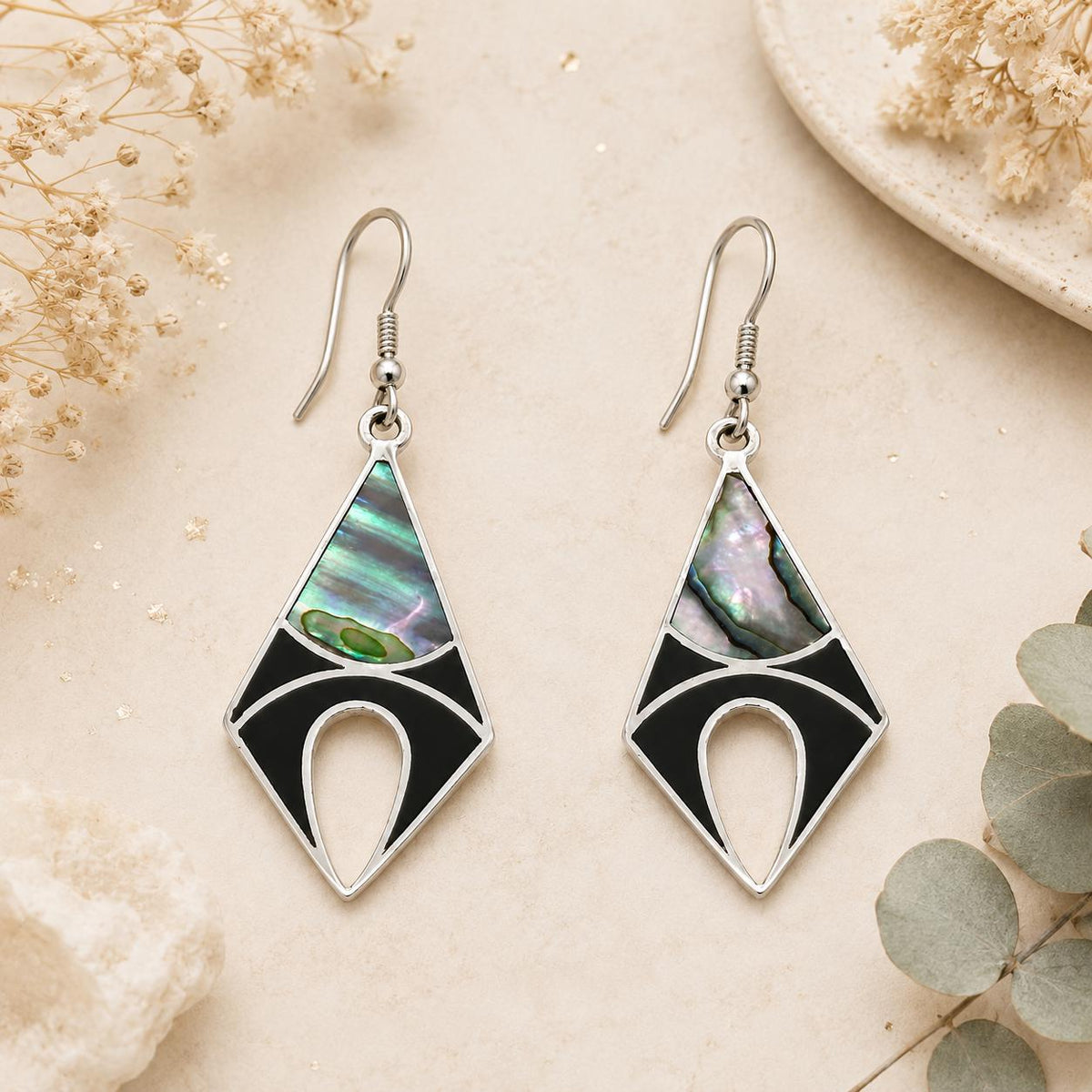 Mexican Artisan Silver Plated Abalone Earrings with Black Enamel Resin - Unique Handcrafted Rhombus Design