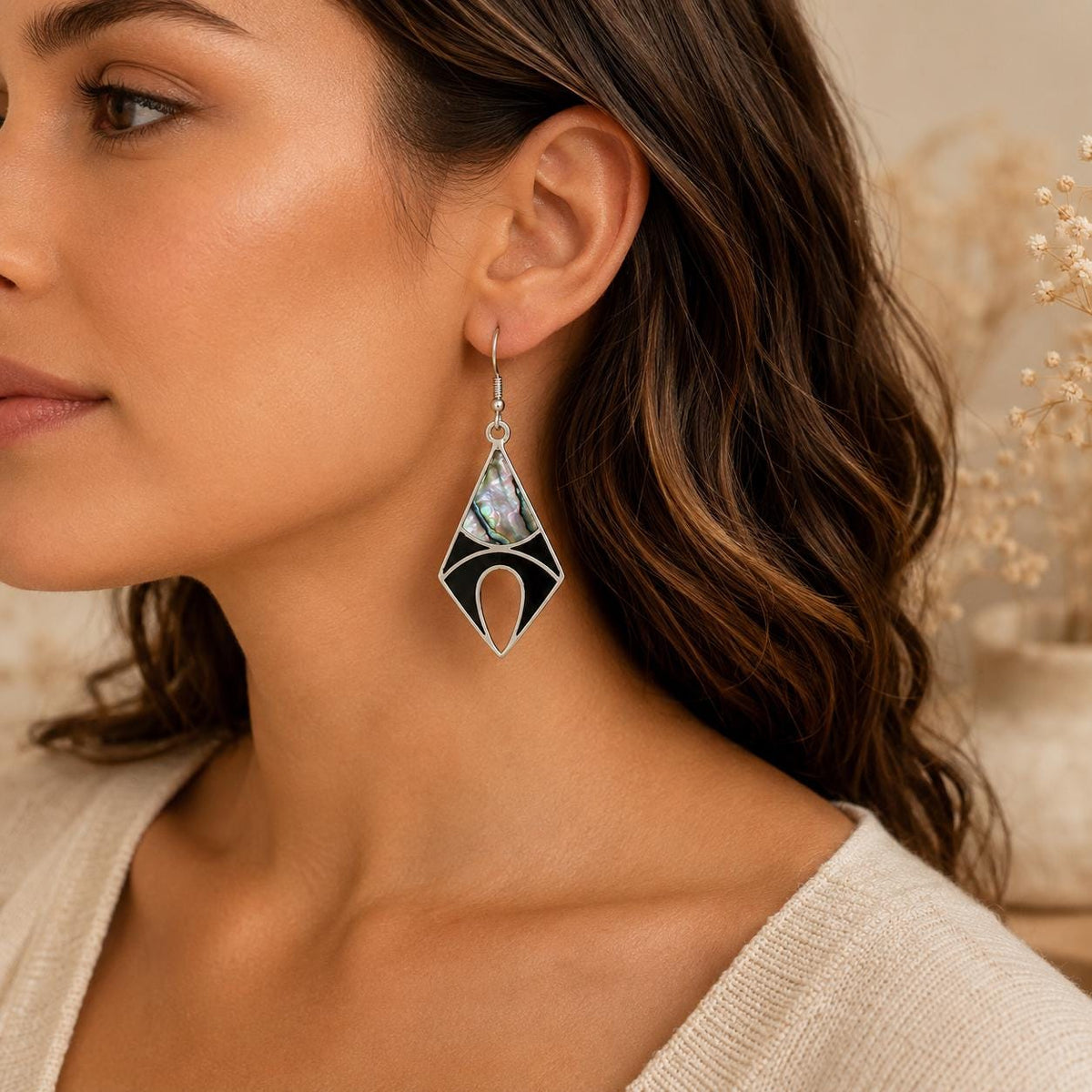 Mexican Artisan Silver Plated Abalone Earrings with Black Enamel Resin - Unique Handcrafted Rhombus Design