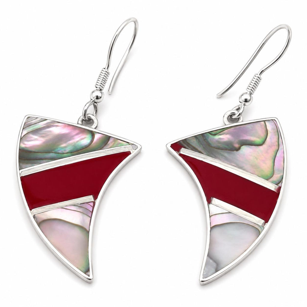 Silver Plated Abalone Inlay Earrings – Red Enamel Geometric Art Deco Jewelry