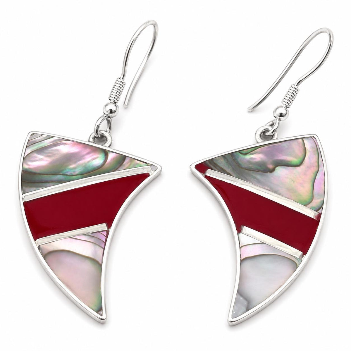 Silver Plated Abalone Inlay Earrings – Red Enamel Geometric Art Deco Jewelry