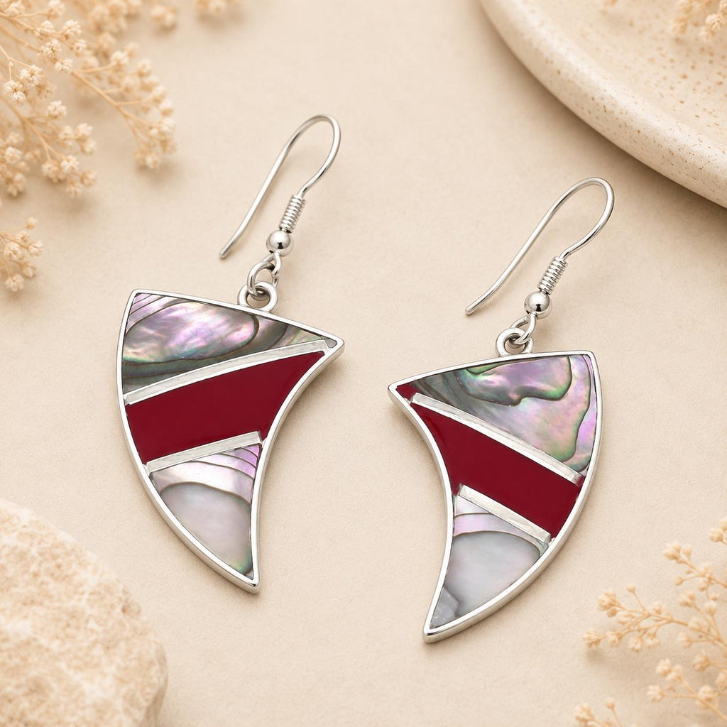 Silver Plated Abalone Inlay Earrings – Red Enamel Geometric Art Deco Jewelry