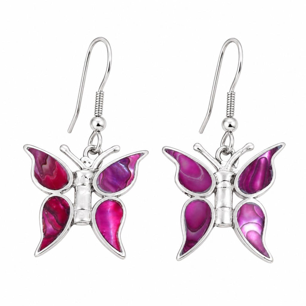 Handcrafted Pink Abalone Butterfly Earrings: Boho Silver Plated Jewelry from Mexico