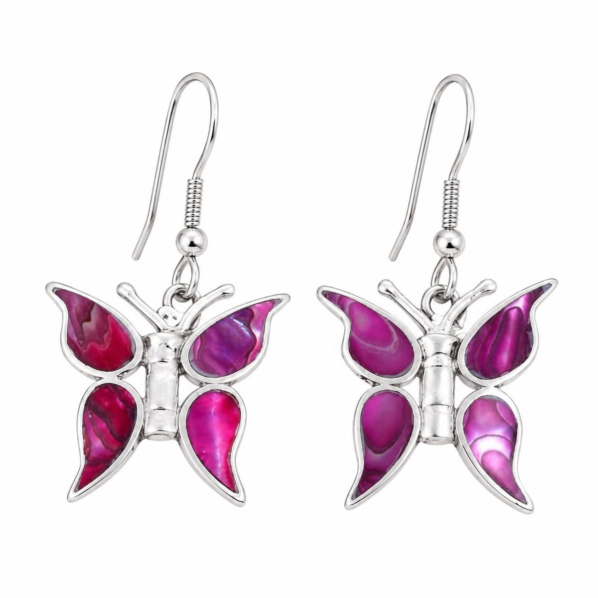 Handcrafted Pink Abalone Butterfly Earrings: Boho Silver Plated Jewelry from Mexico