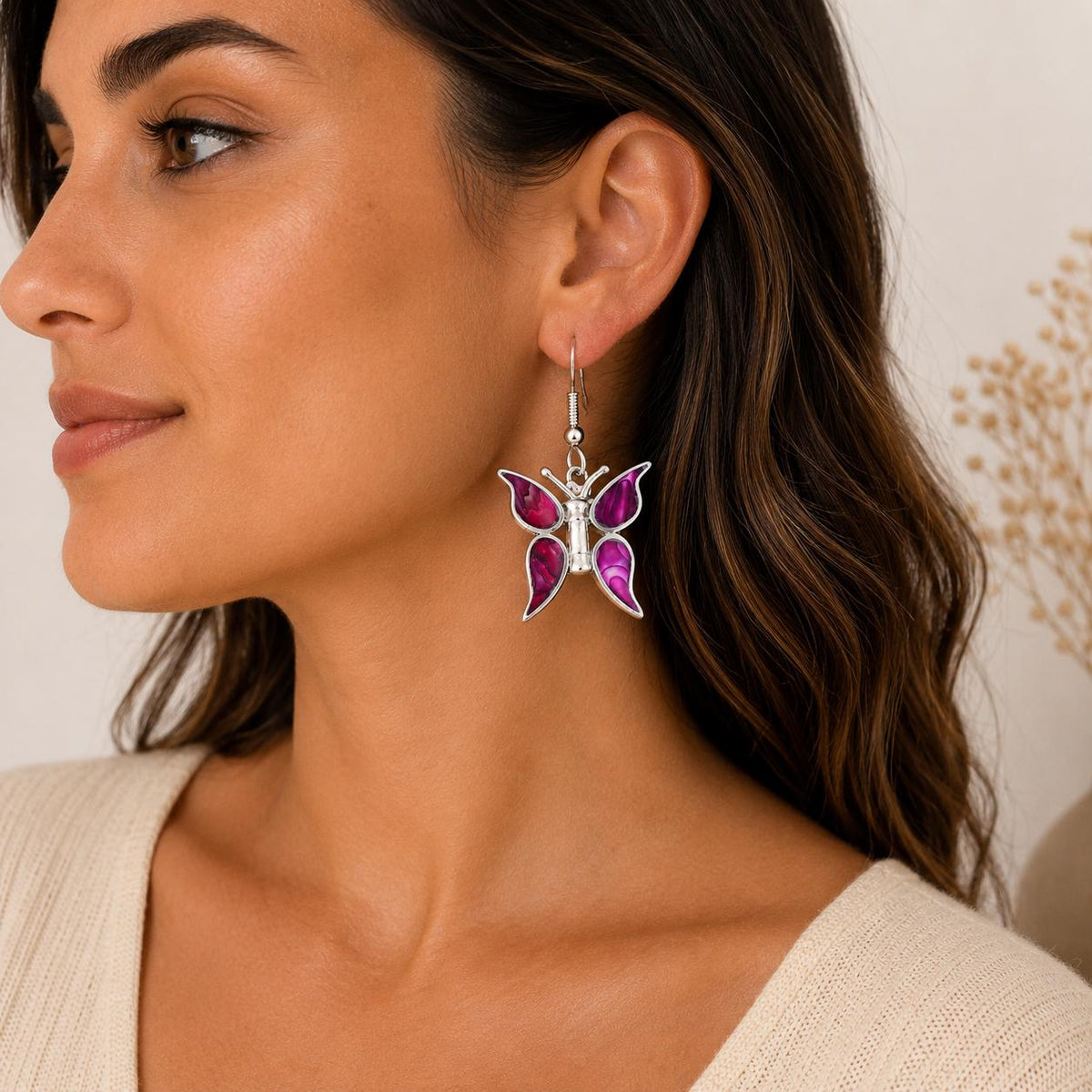 Handcrafted Pink Abalone Butterfly Earrings: Boho Silver Plated Jewelry from Mexico