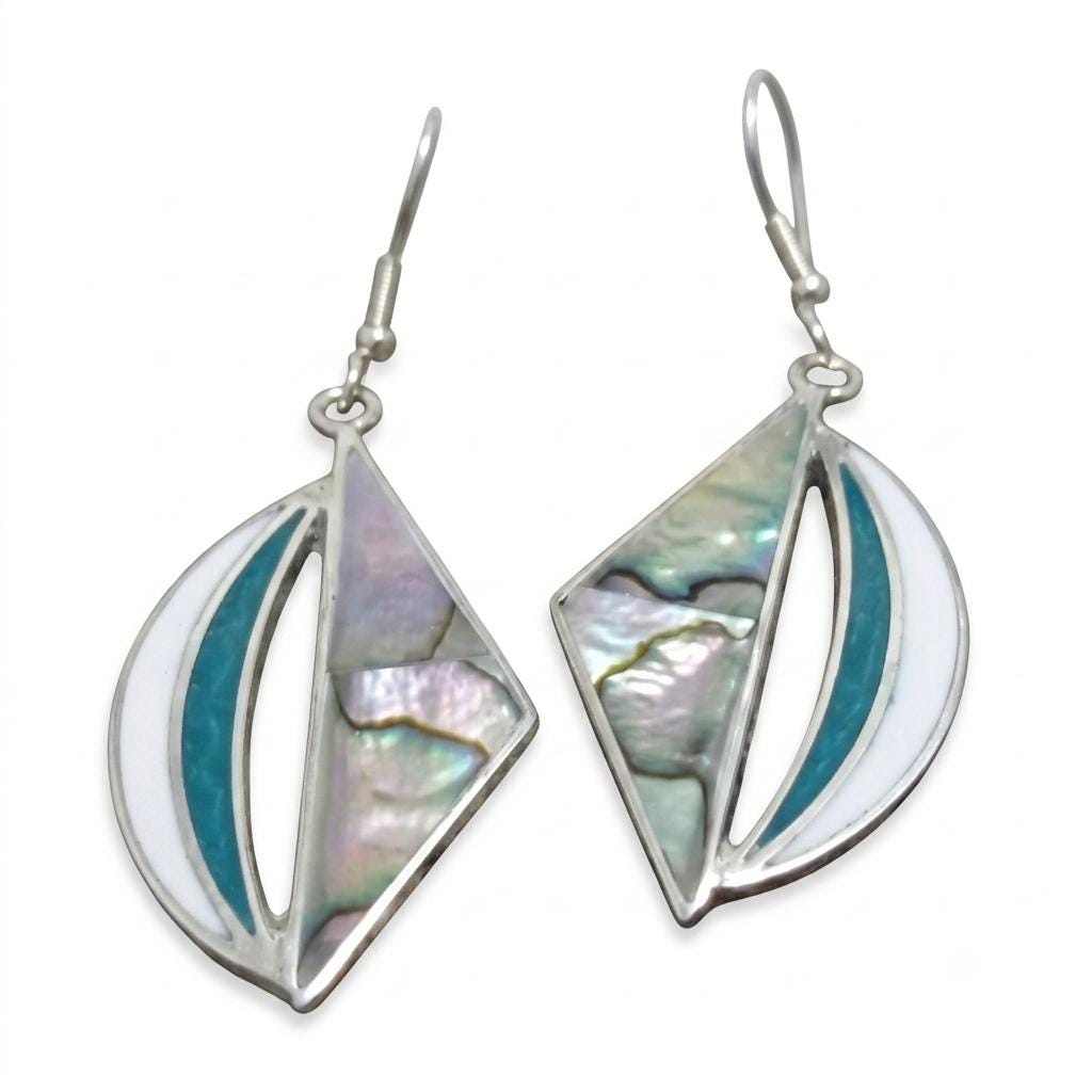 Handmade Silver Plated Abalone Earrings with Enamel Effect Resin - Bohochic Mexican Jewelry from Taxco