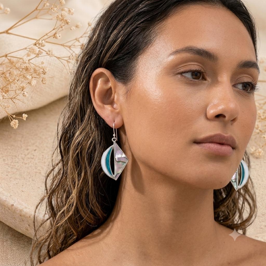 Handmade Silver Plated Abalone Earrings with Enamel Effect Resin - Bohochic Mexican Jewelry from Taxco