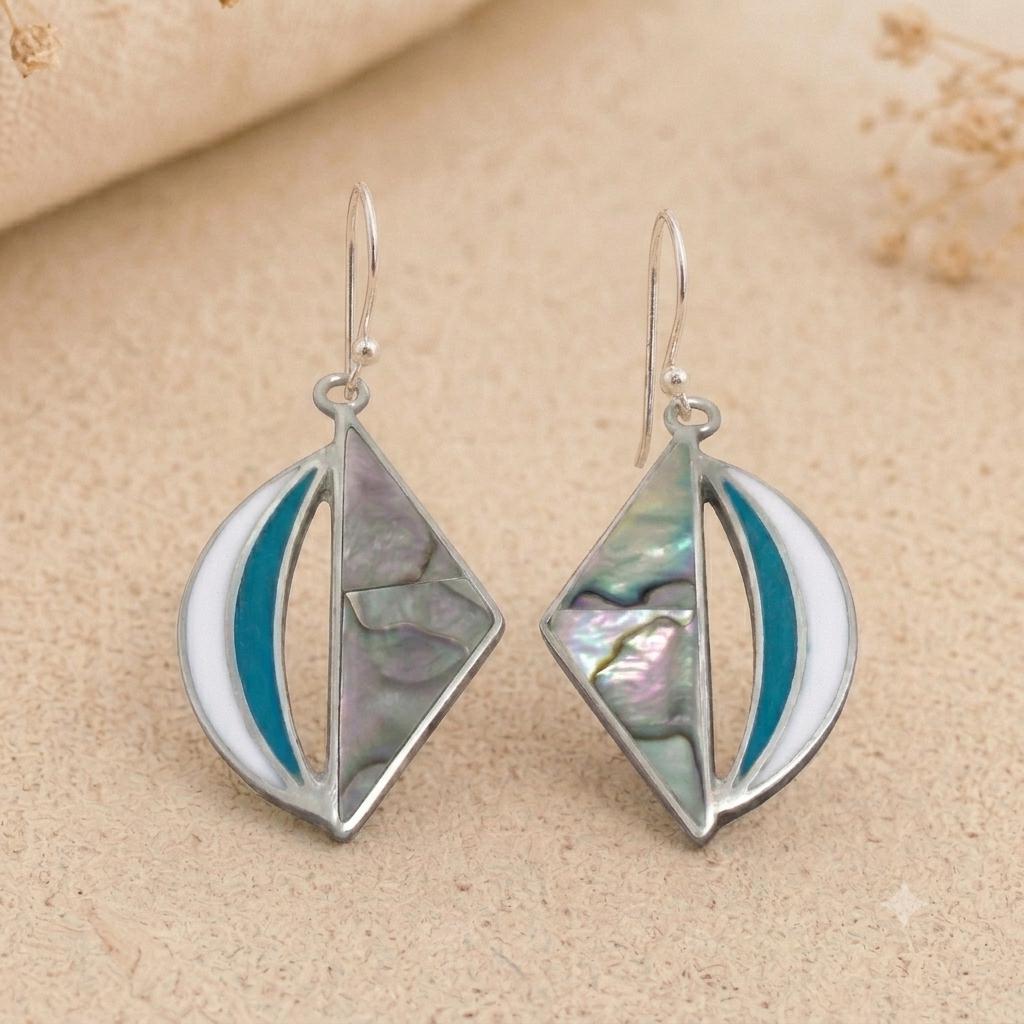 Handmade Silver Plated Abalone Earrings with Enamel Effect Resin - Bohochic Mexican Jewelry from Taxco