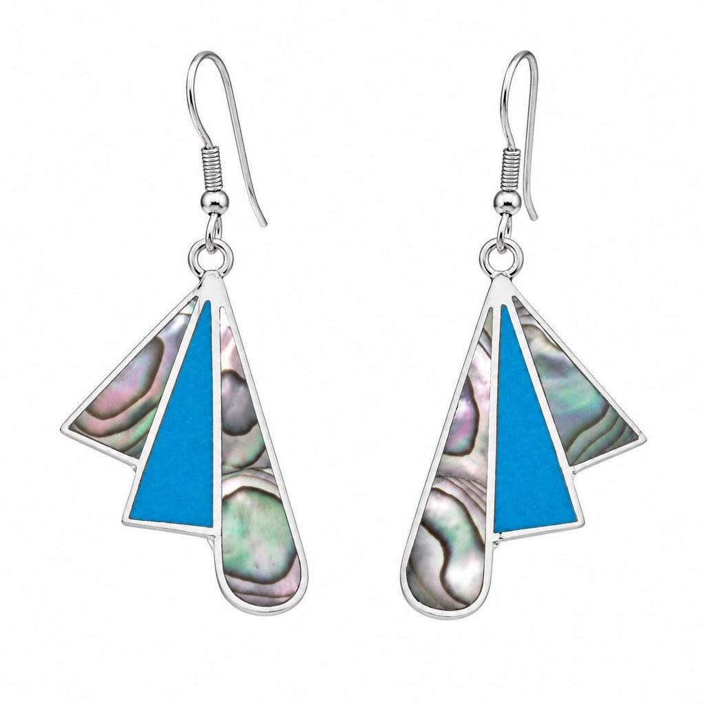 Handcrafted Abalone Fan Earrings with Silver Plated Art Deco Design, Mexican Taxco Jewelry