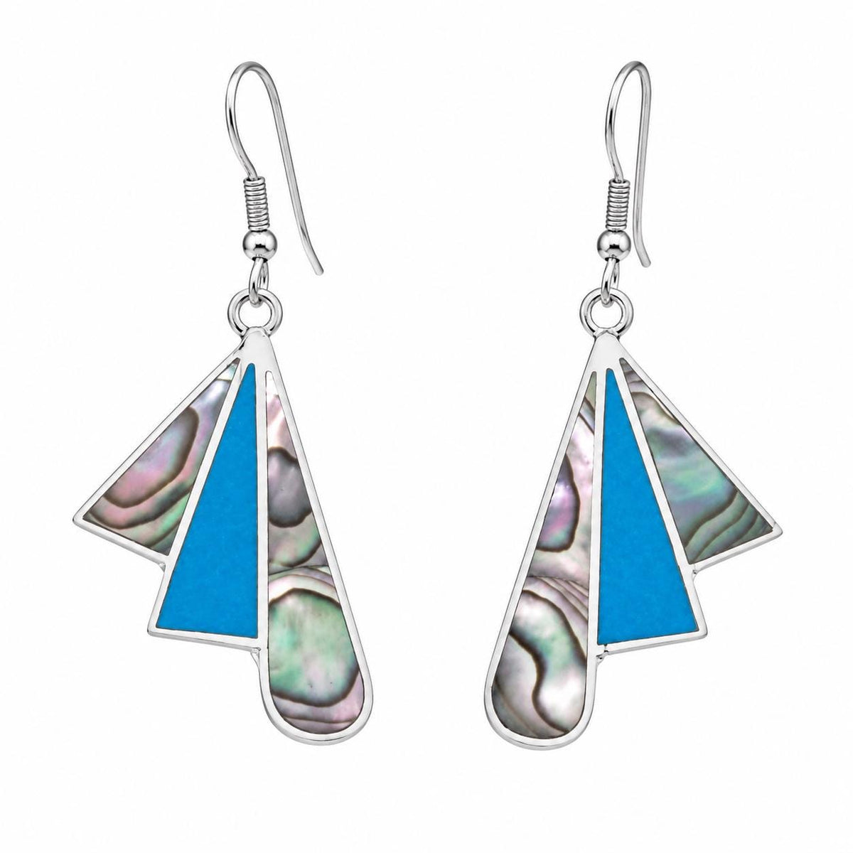 Handcrafted Abalone Fan Earrings with Silver Plated Art Deco Design, Mexican Taxco Jewelry