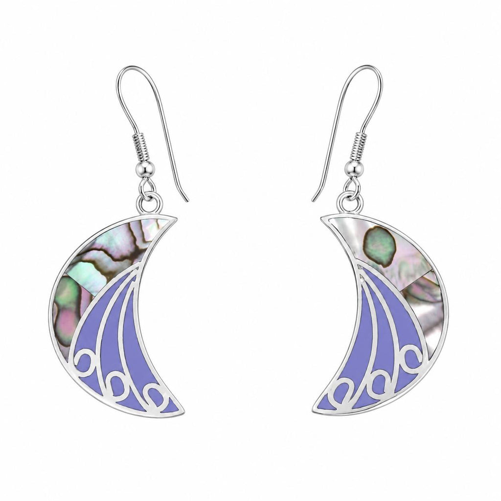 Handcrafted Abalone Crescent Moon Earrings, Silver Plated Art Deco Enamel Mexican Jewelry