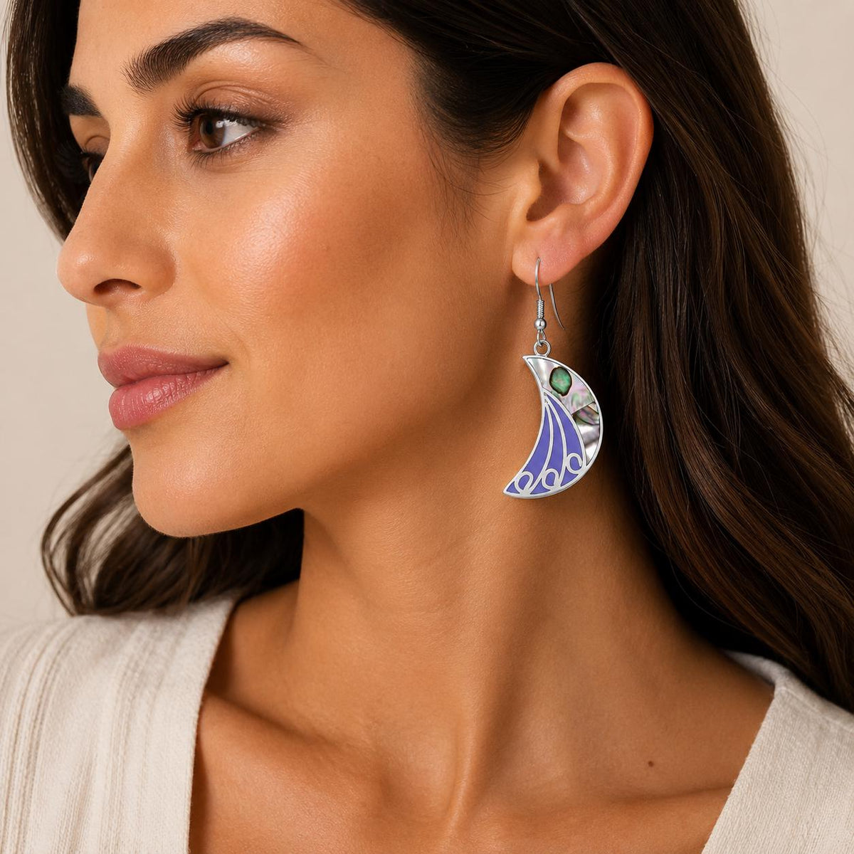 Handcrafted Abalone Crescent Moon Earrings, Silver Plated Art Deco Enamel Mexican Jewelry