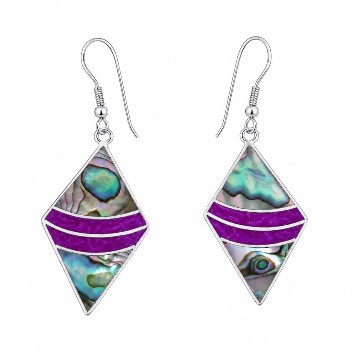 Art Deco Abalone Shell Rhombus Earrings, Silver Plated, Handmade Mexico