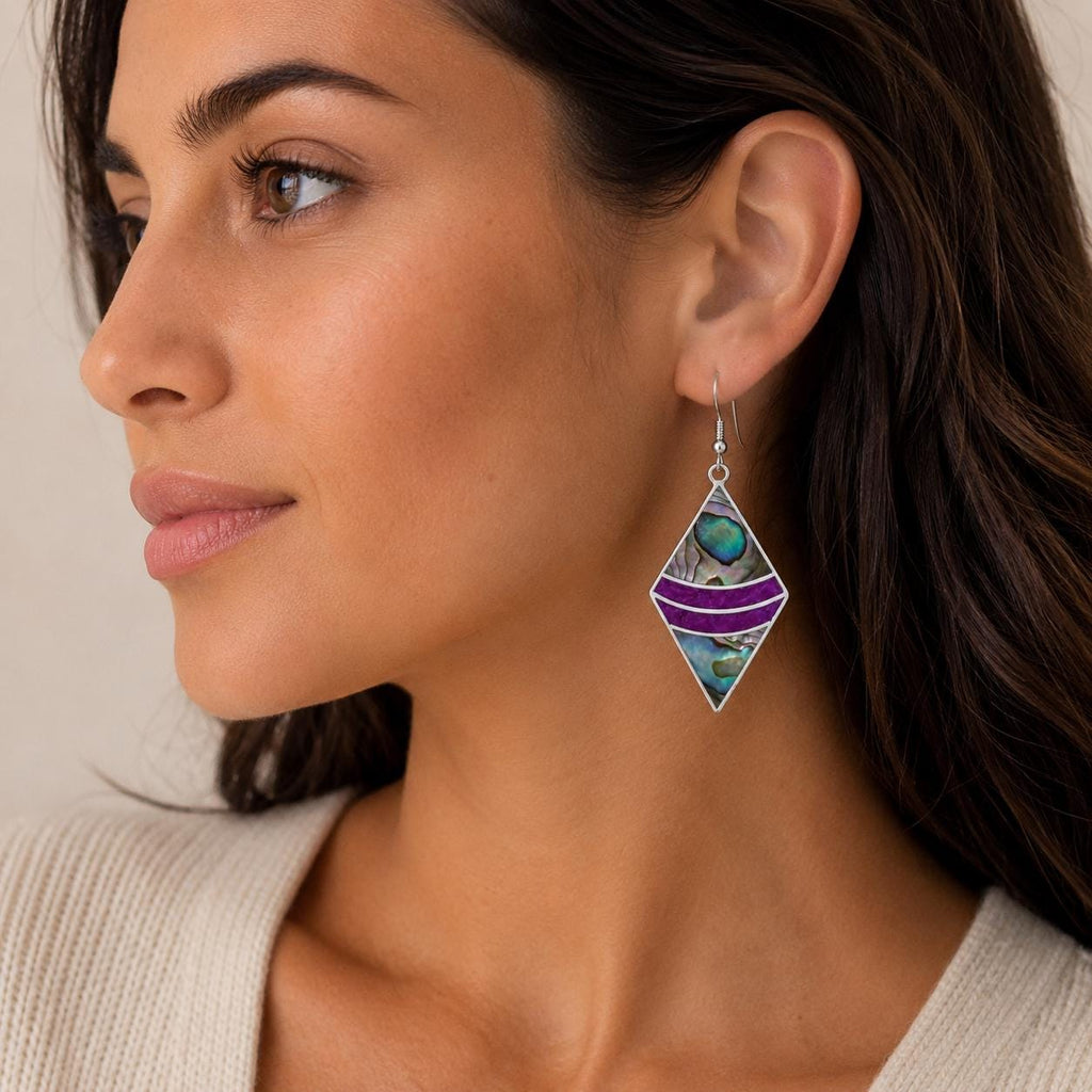 Art Deco Abalone Shell Rhombus Earrings, Silver Plated, Handmade Mexico