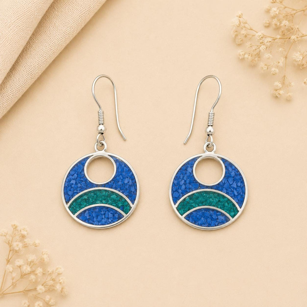 Mexican Silver Plated Turquoise & Malachite Hoop Earrings - Unique Boho Chic Jewelry from Taxco