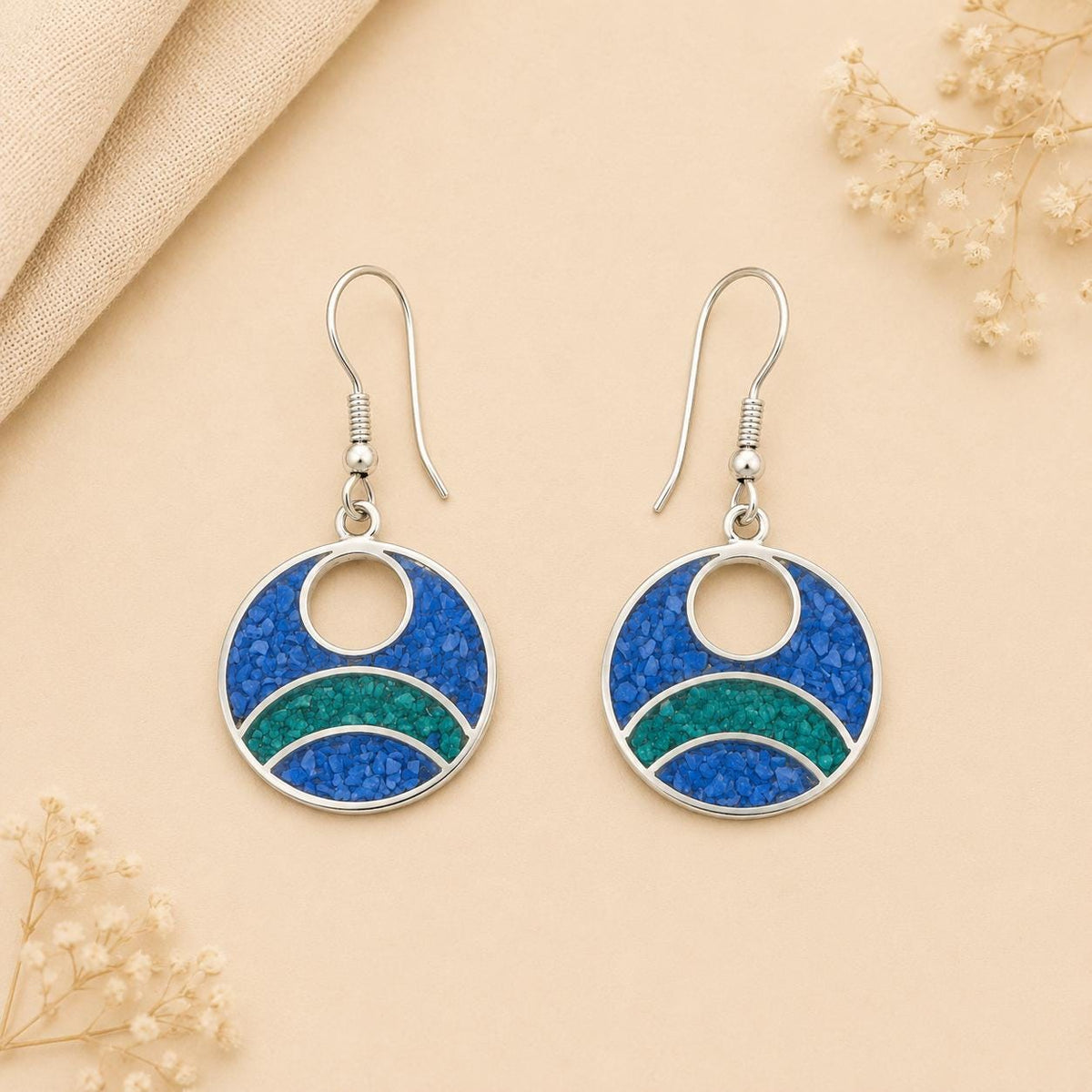 Mexican Silver Plated Turquoise & Malachite Hoop Earrings - Unique Boho Chic Jewelry from Taxco